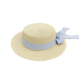 Korean version summer bow flat top sunscreen straw hat for women, French retro design vacation beach sun hat