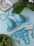Swimming Pool Padded Tie Side Solid Color Halter-Neck Bikini Swimsuit