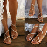 Summer New Legged Pearl Flat Sandals Women's Large Foreign Trade Beach Shoes