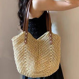 Woven Grass Woven Bag for Women, Large Capacity Summer Vine Woven French Shoulder Bag, Beach Sand