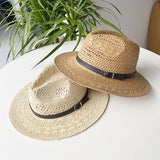 Summer hollow belt straw hat for men and women outdoor travel sun hat, jazz top hat, ethnic style grass woven Panama hat